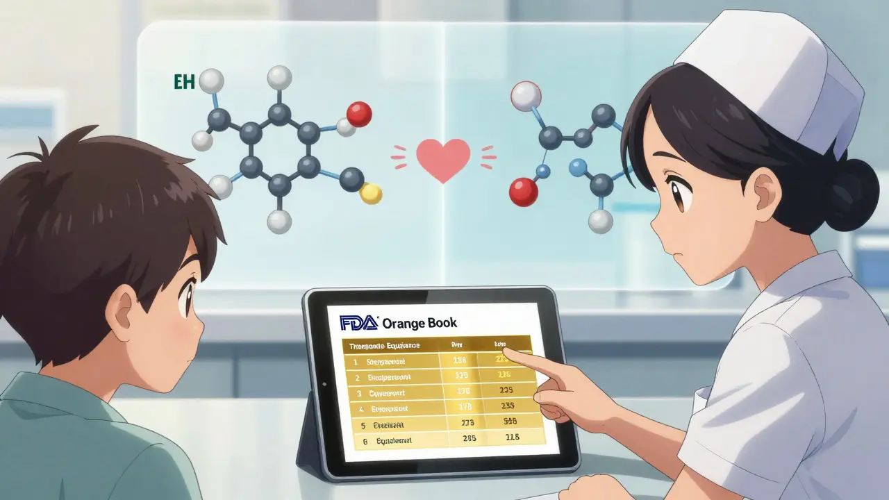 Nurse points to a tablet displaying FDA drug equivalence data while a patient watches closely.