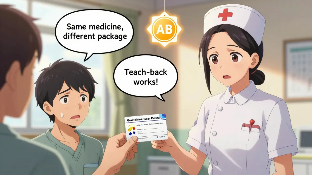 Patient receives a pill passport card with images of generics, looking relieved as trust builds.