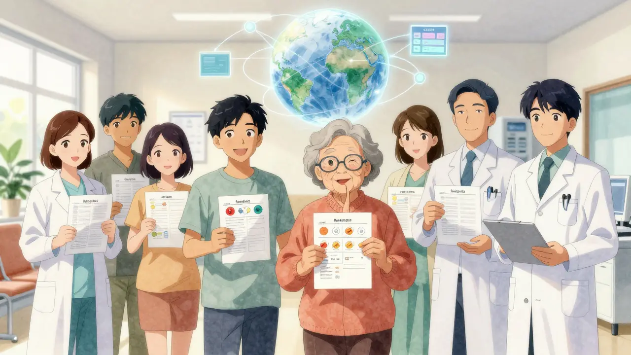 Patients and caregivers holding medication sheets in a clinic, with a floating WHO globe symbolizing global safety efforts.