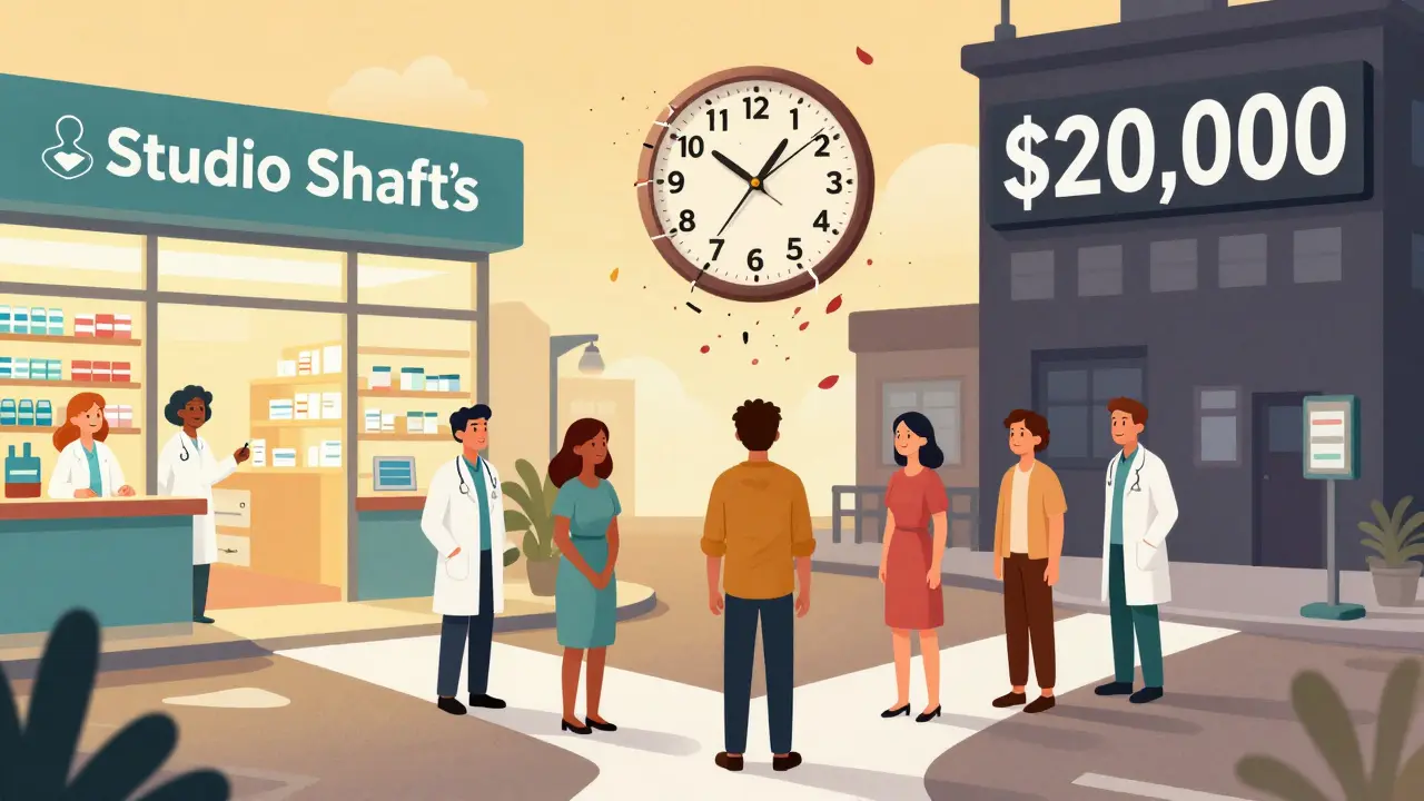 Patients choose between an affordable biosimilar pharmacy and a towering expensive hospital.