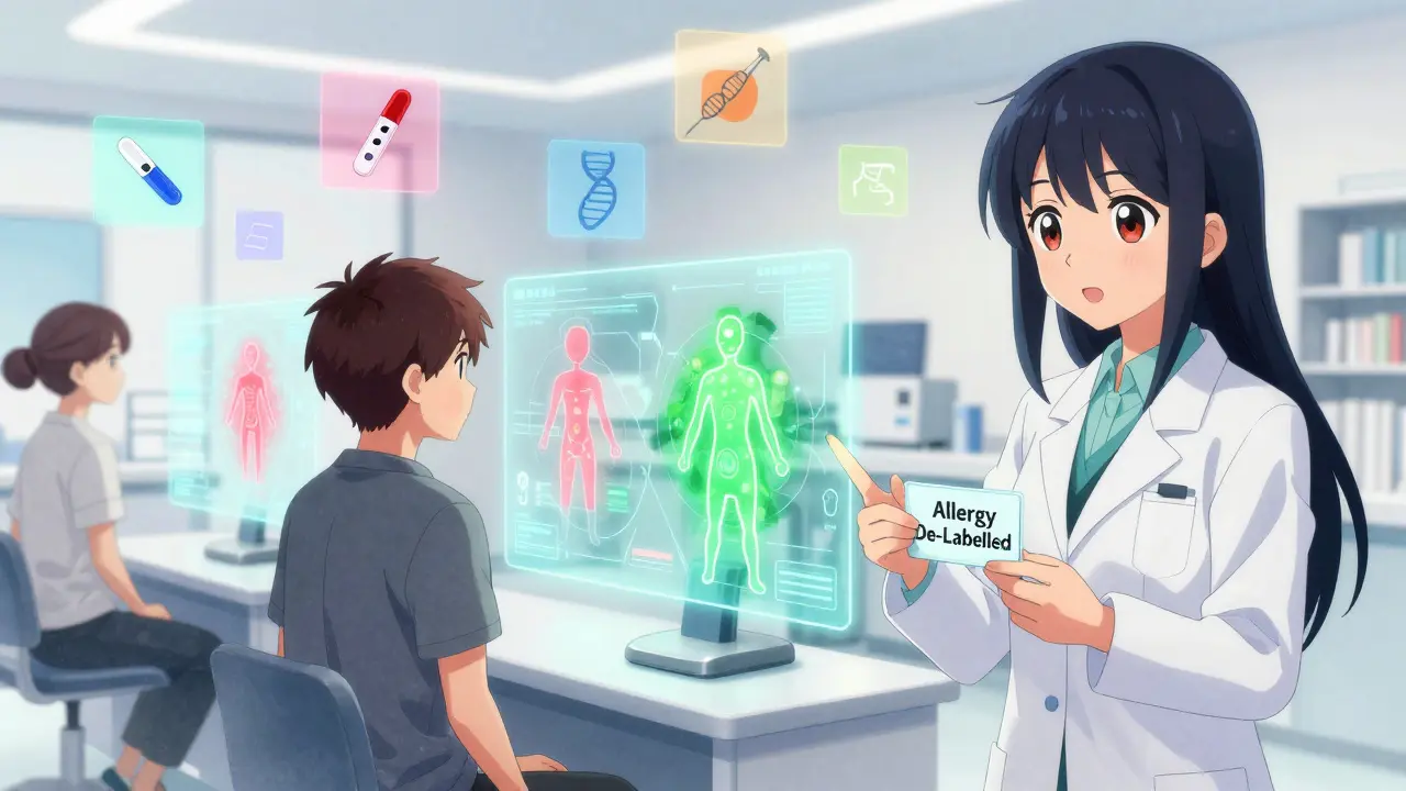 Patients in a clinic with holographic immune maps, receiving de-labeled allergy confirmation.