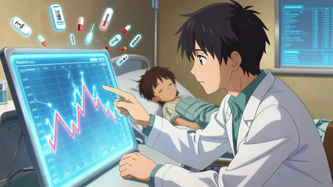 Pediatrician showing blood level comparison chart between brand and generic seizure medication.