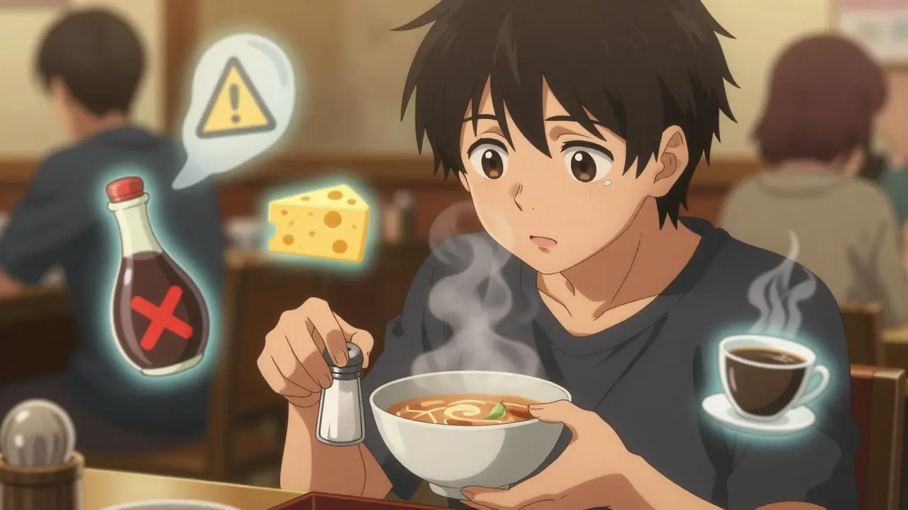 Person at restaurant pushing away salt shaker with floating food icons