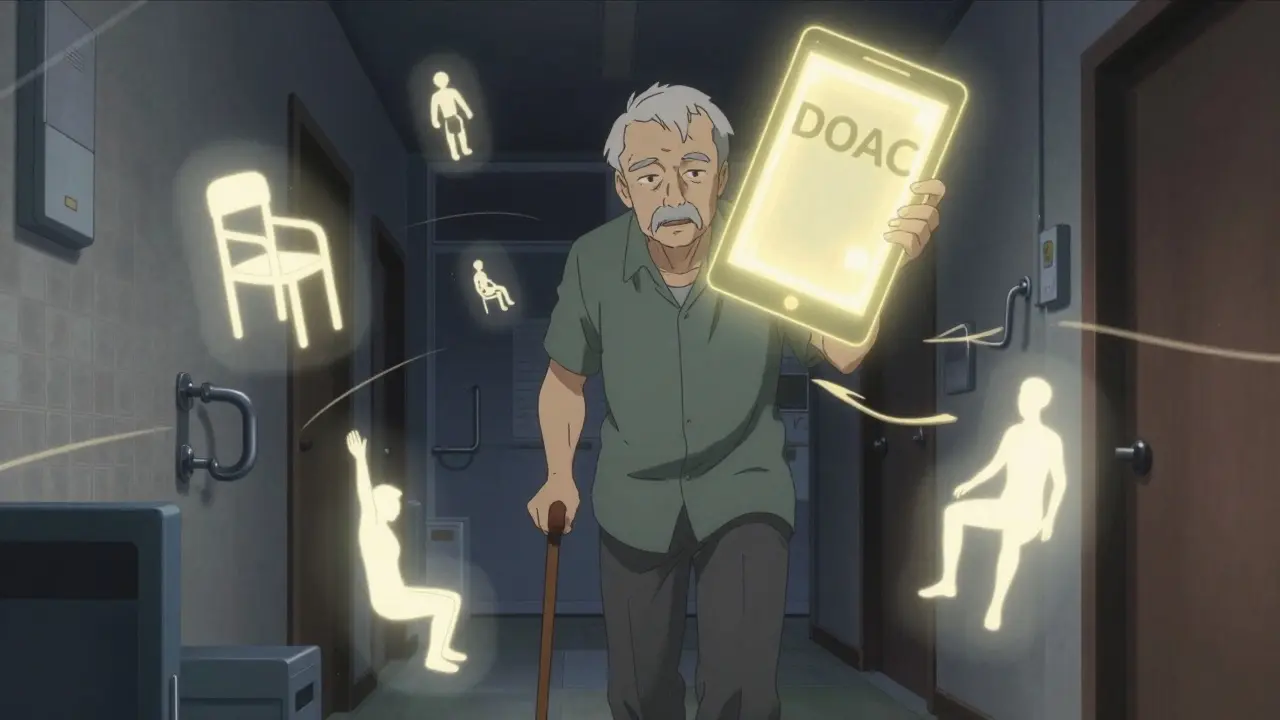 Senior walking safely with floating icons of fall prevention tools and a glowing blood thinner.