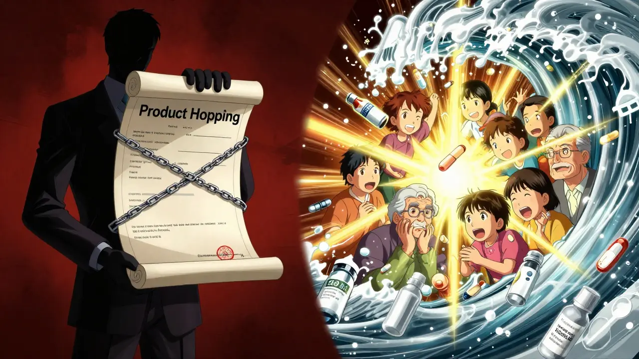 Shadowy executive blocking generics vs radiant wave of biosimilars saving families, dramatic split-screen scene.