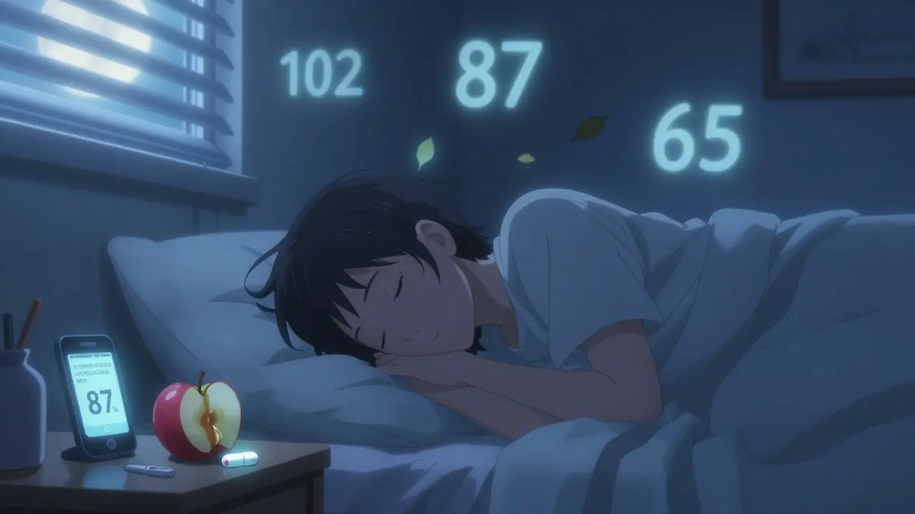 Sleeping person with floating blood sugar numbers and glucose tablet on nightstand under moonlight.