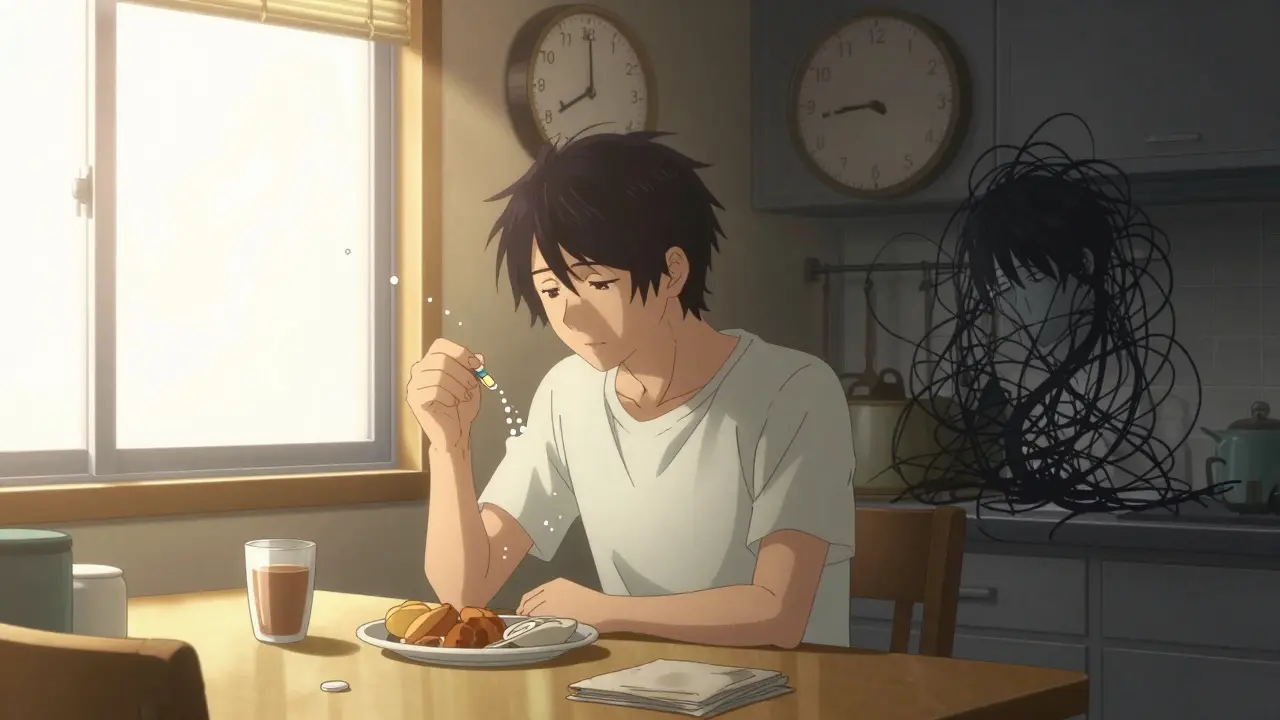 Someone taking fluoxetine in the morning with sunlight streaming in, calm and centered at the kitchen table.