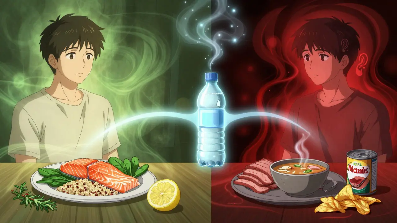 Split scene: healthy meals on one side, processed foods with pressure waves on the other