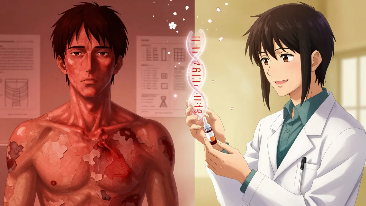 Split scene: severe drug reaction on left, safe treatment on right, with genetic code between them.