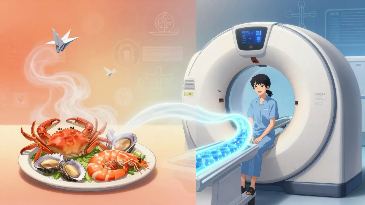 Split scene showing shellfish dissolving into smoke while safe contrast fluid flows into a CT machine.