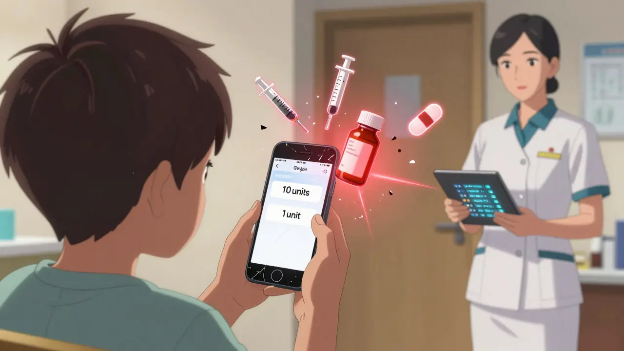 A child shows a parent a phone with a dangerous mistranslation of insulin dosage, while a professional interpreter stands nearby.