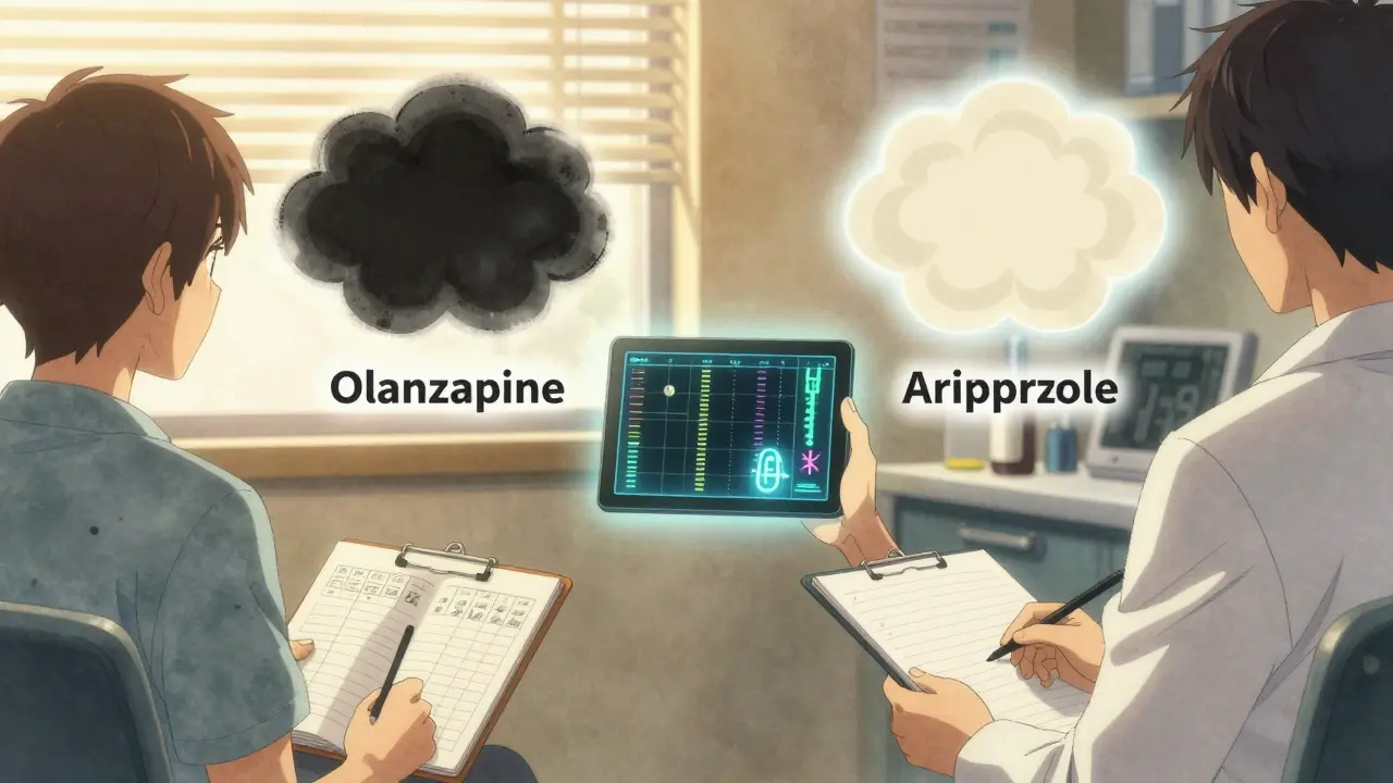 A doctor and patient reviewing a genetic map, with contrasting drug effects visualized as glowing auras.