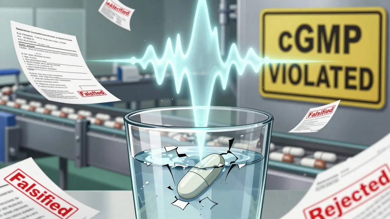 A generic pill dissolving too fast in water, with chaotic energy waves and falsified inspection reports floating nearby.