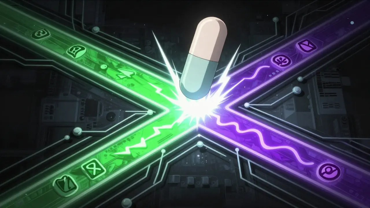 A glowing nervous system with two pain pathways being severed by a tablet, illustrating multimodal analgesia.