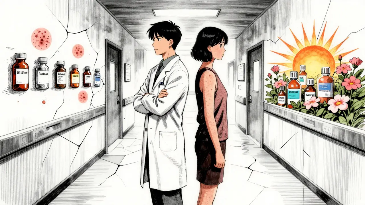 A patient and doctor face opposite paths, one of failure and one of hope, in a symbolic medical journey.