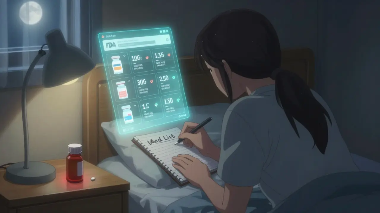 A patient writes in a medication logbook under soft light, with floating holograms of their drugs and lot numbers, representing preparedness.