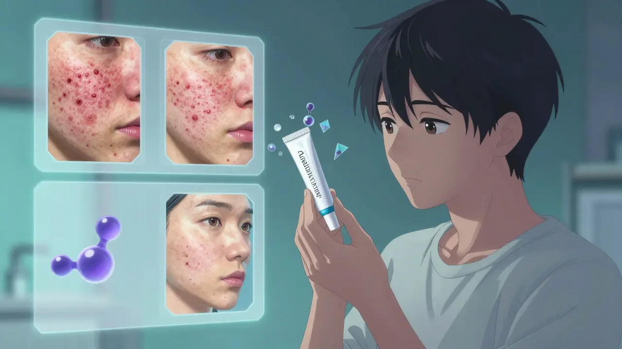 A person gently applying adapalene gel at night, with floating before-and-after panels showing acne clearing over time.