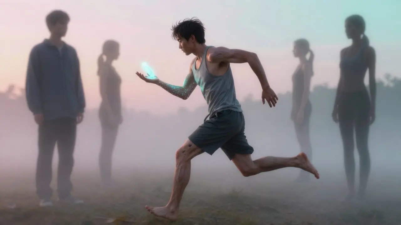 A person jogging at dawn, transforming into a leaner version as a medication pill dissolves in their hand.
