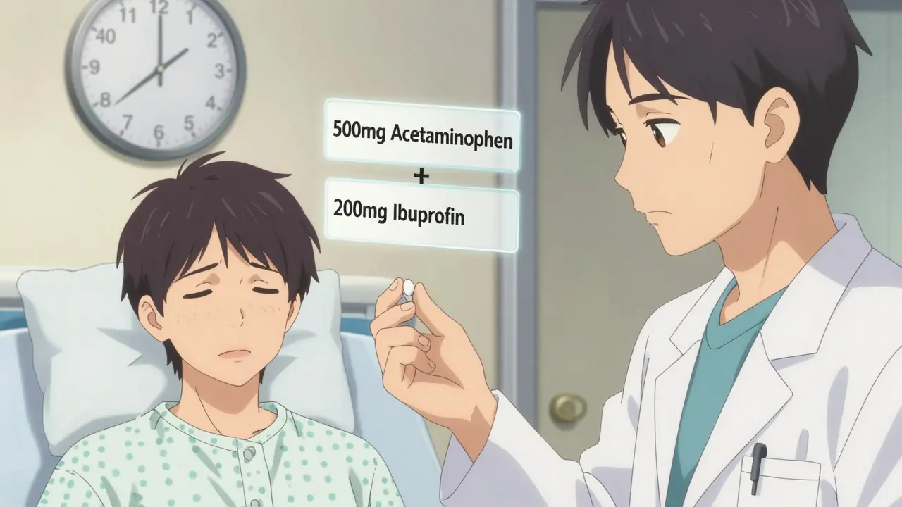 A pharmacist giving a dual-action pain tablet to a patient, with a clock showing rapid pain relief.