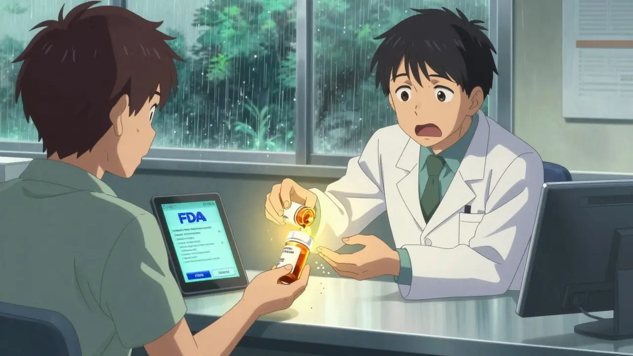 A pharmacist hands a new prescription to a patient as the recalled bottle dissolves, with FDA alerts glowing on a nearby tablet.