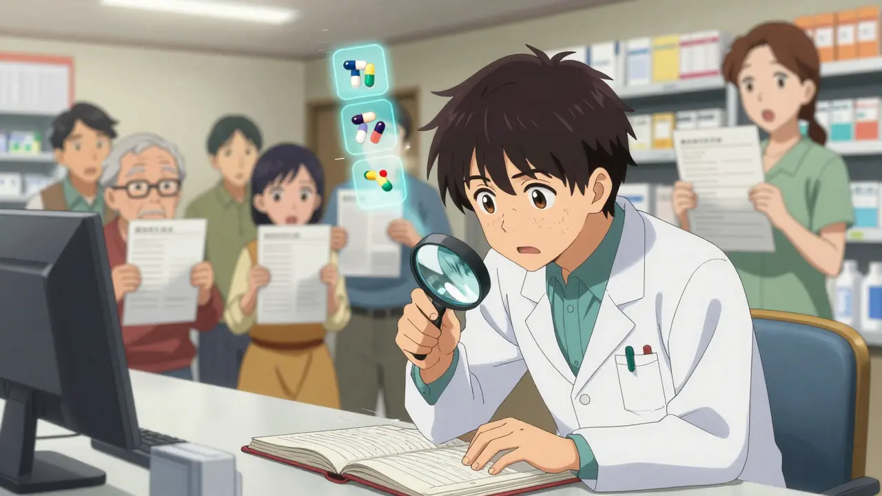 A pharmacist reviewing medication lists with patients, floating duplicate drug warnings visible.