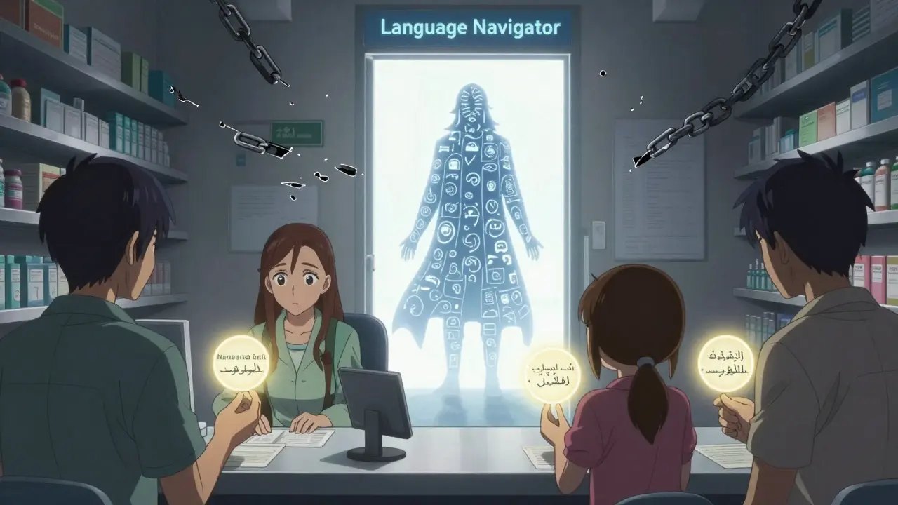 A pharmacy counter with multilingual prescription labels glowing brightly, guided by a figure representing language access and safety.