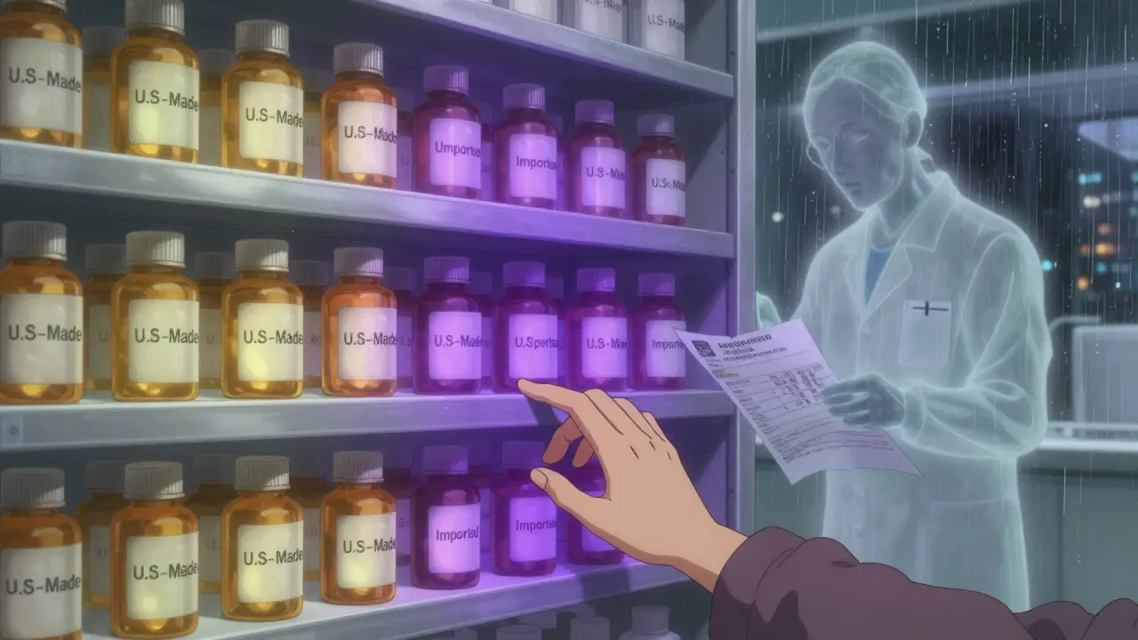 A pharmacy shelf with U.S.-made and imported generic drugs glowing differently, as a shadowy figure discards evidence.