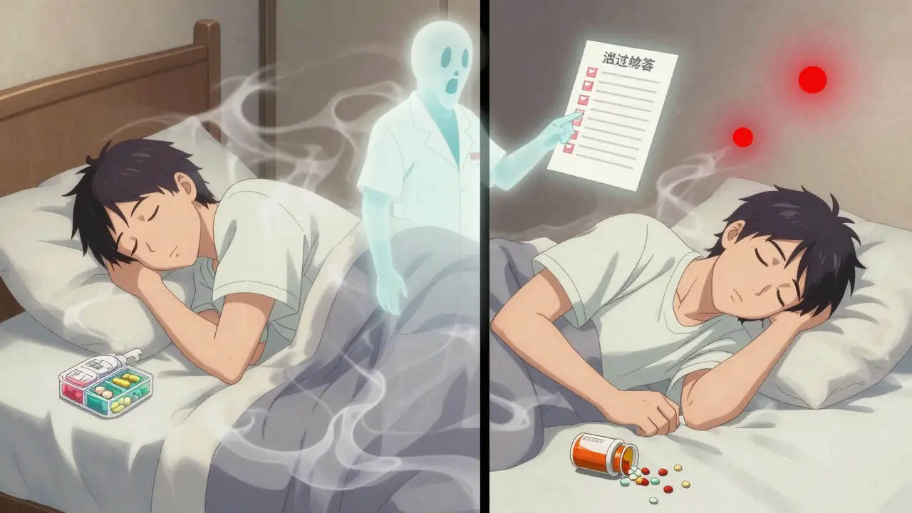A split scene shows peaceful sleep versus chaotic pill mix-up with a ghostly pharmacist guiding the viewer.