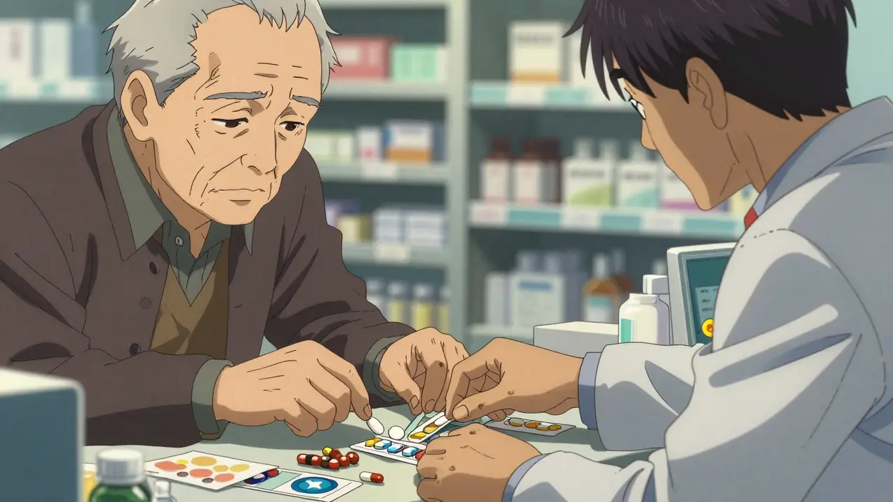An elderly man places multiple pills and supplements on a pharmacy counter for review.