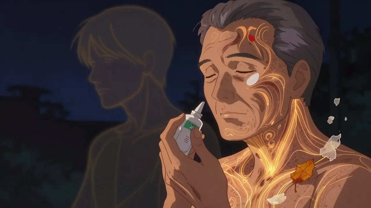 An older person applying tretinoin at night, with golden collagen threads rising from skin as dead flakes drift away like leaves.