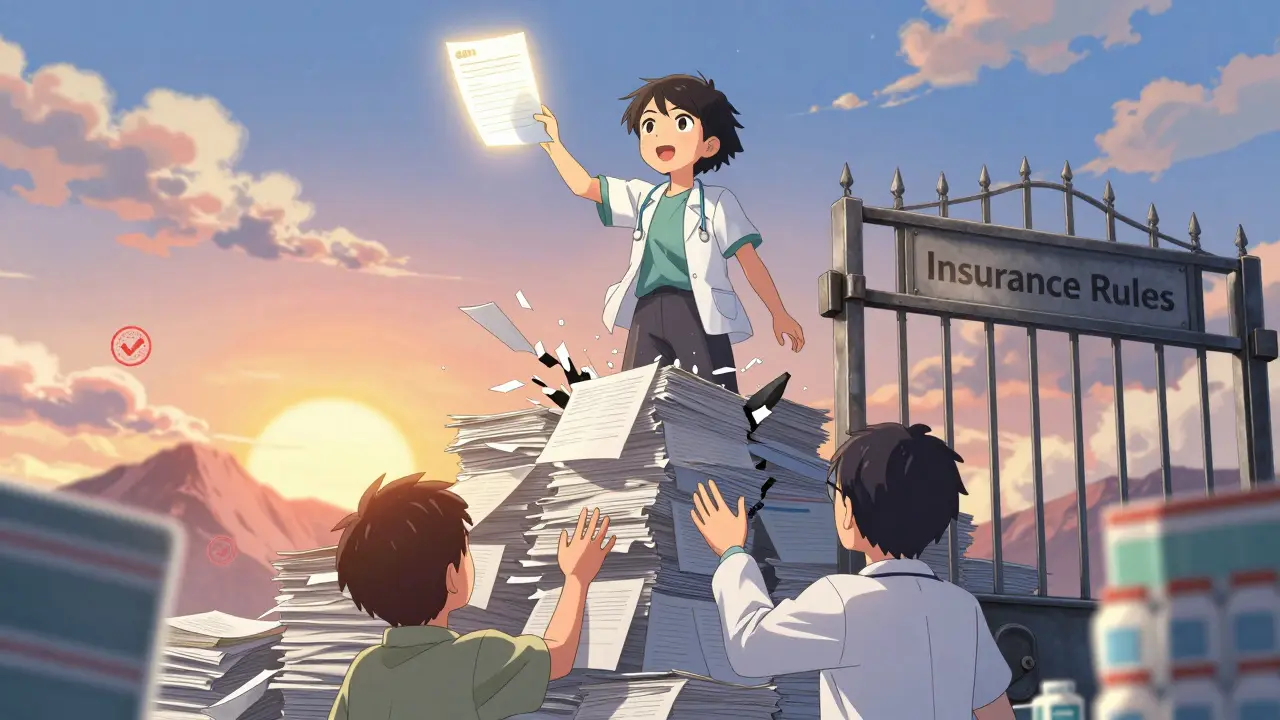 Patient holding appeal letter breaking through an insurance gate as medical staff reach up helpfully.