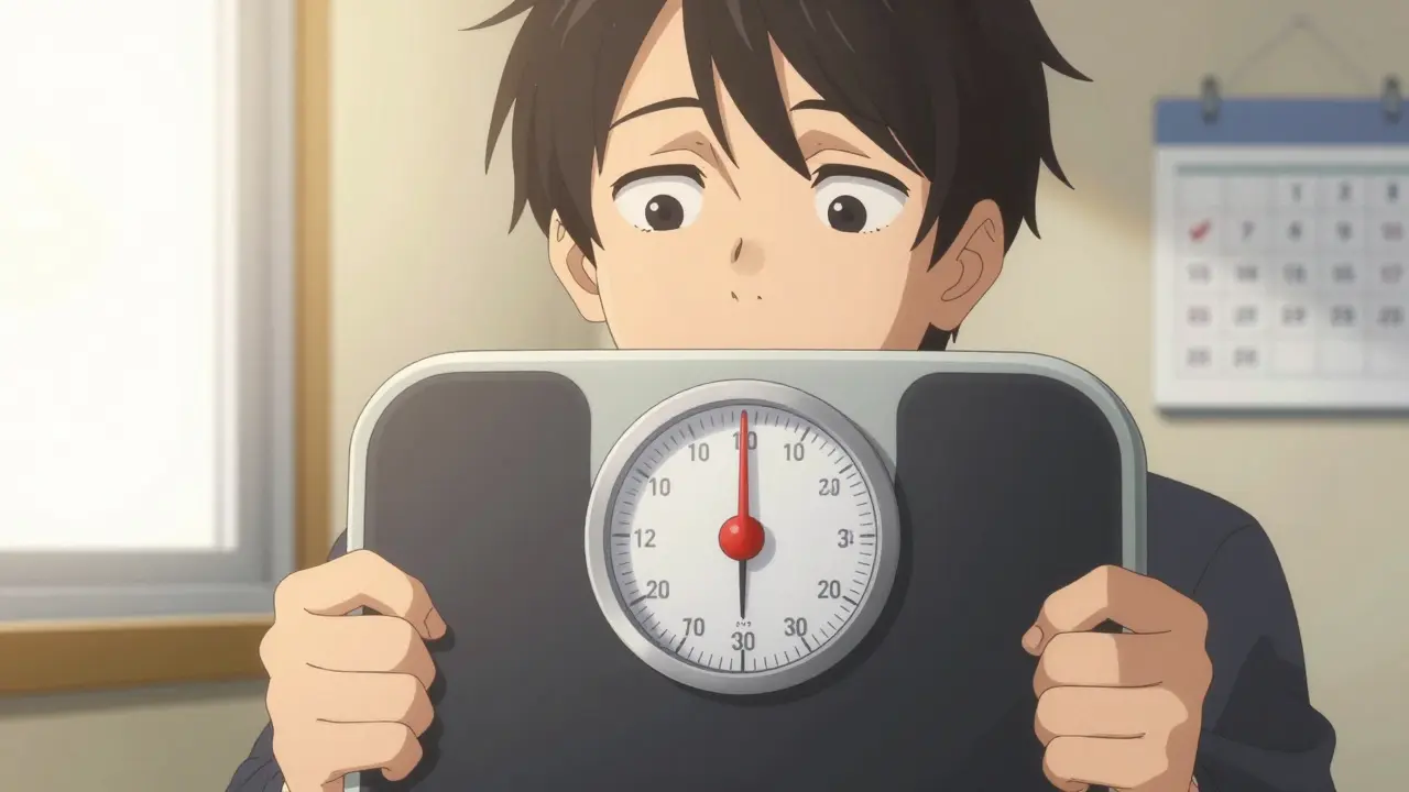 Person checking weight on scale with sudden gain, worried expression