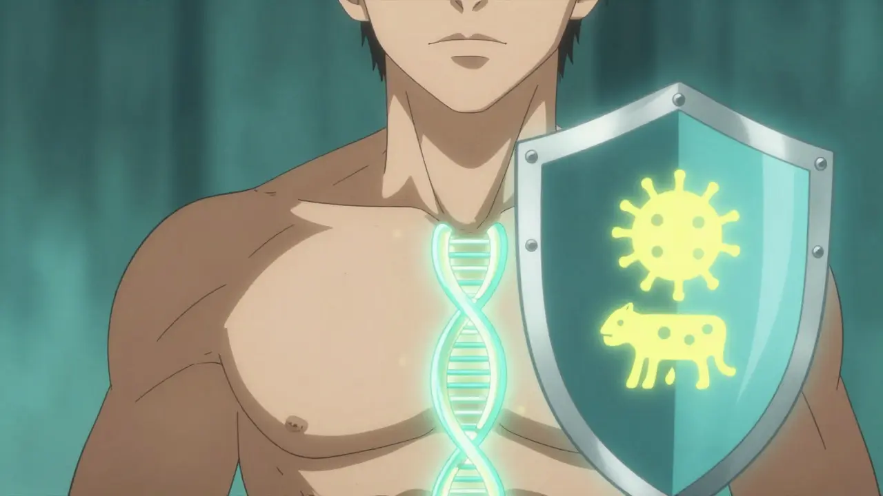 Person with APOL1 gene strand shielded from HIV and hypertension triggers