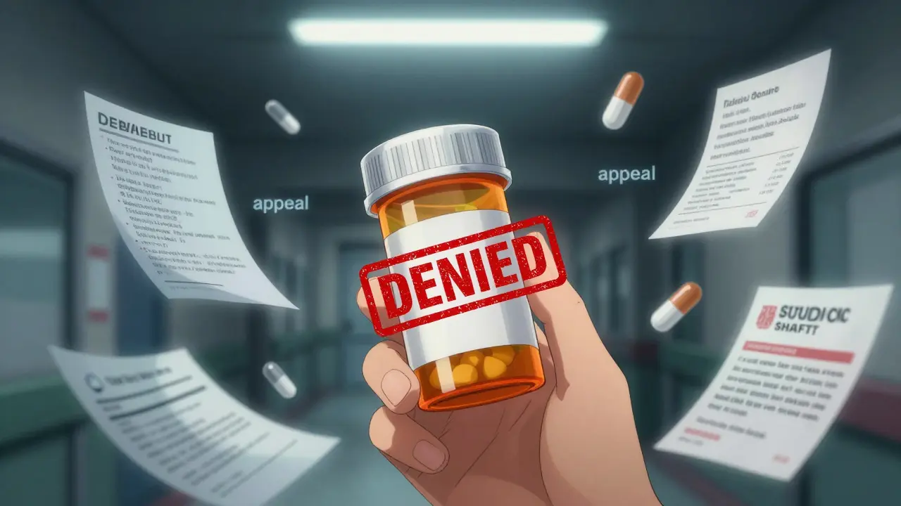 Prescription bottle with 'DENIED' stamp surrounded by floating generic and brand drug labels.