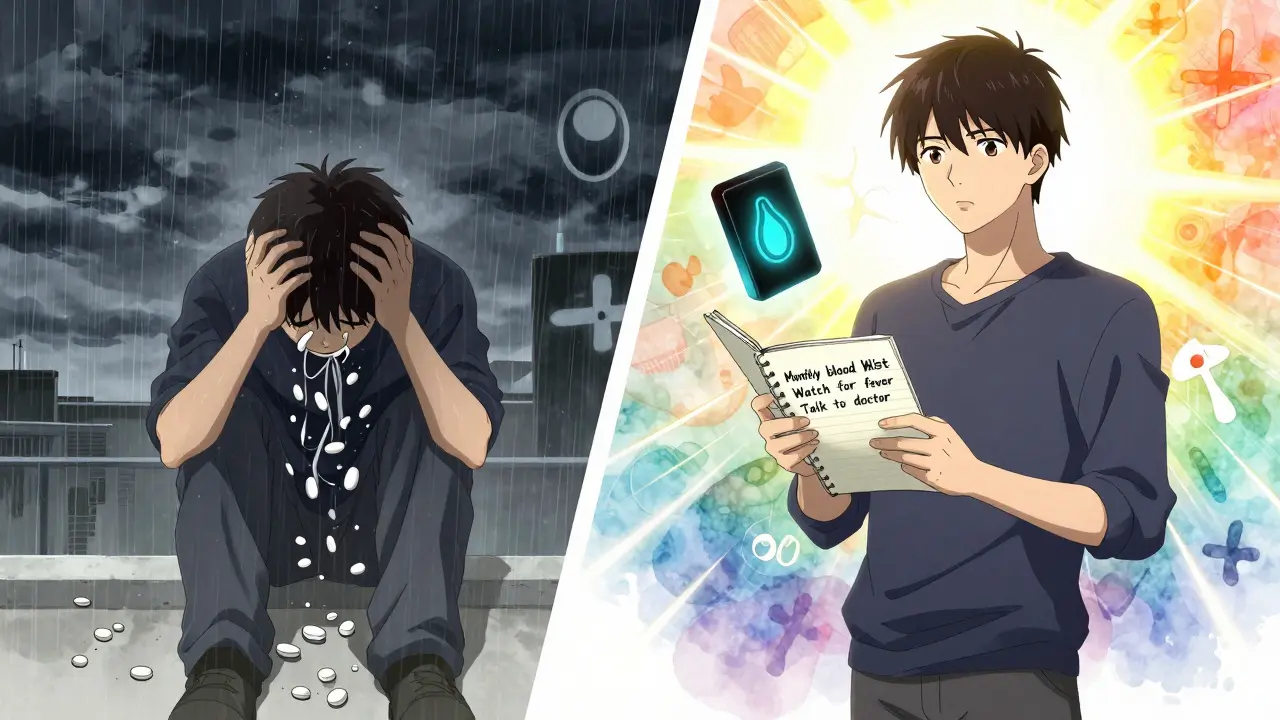 Split scene showing despair and empowerment around a black box warning, with personal notes and medical symbols guiding a patient's journey.