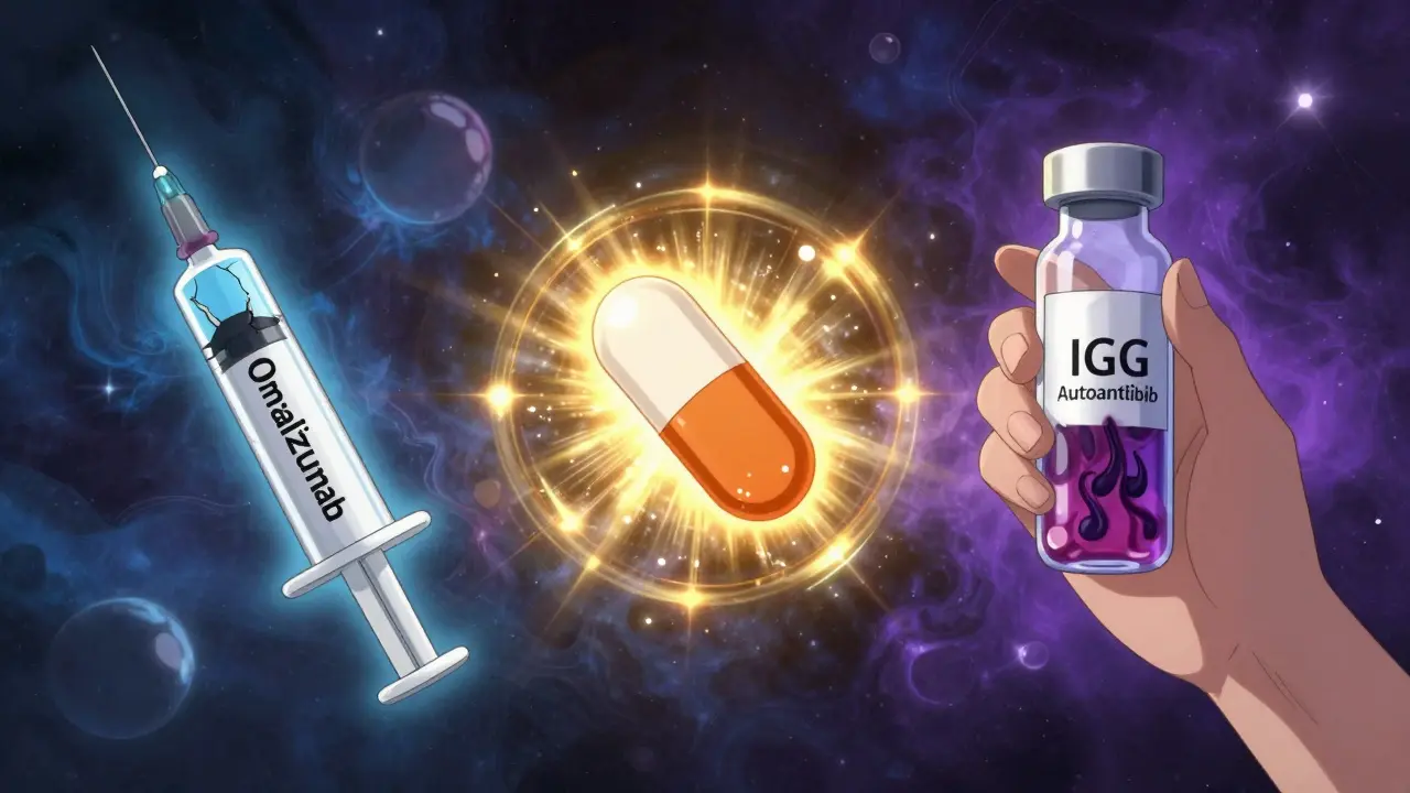 Three treatment options — syringe, pill, and blood vial — float in a cosmic space representing evolving CSU therapies.
