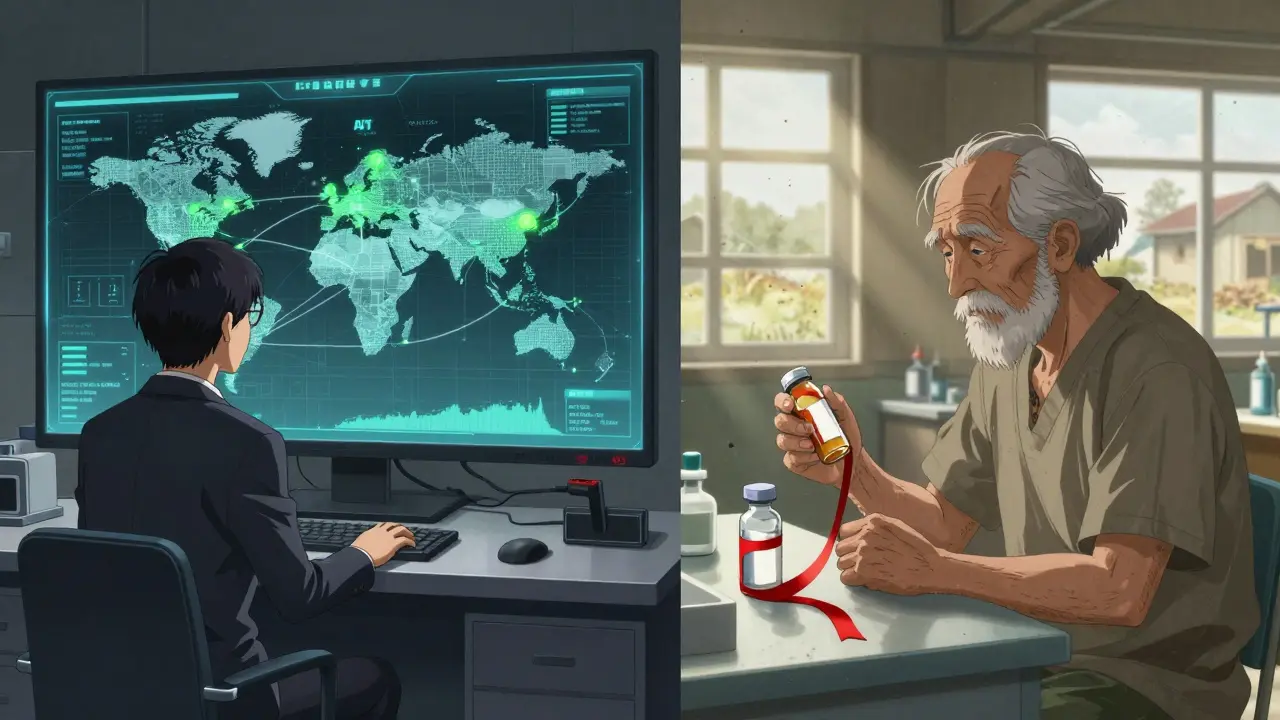 A CEO watching a supply chain digital twin while a patient holds an empty pill bottle in a rural clinic.