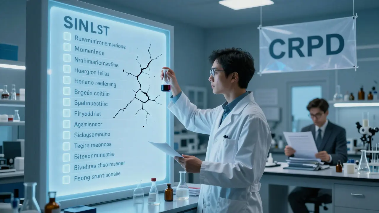 A chemist facing a glowing list of banned chemicals, with a small business owner behind them under a faint human rights banner.