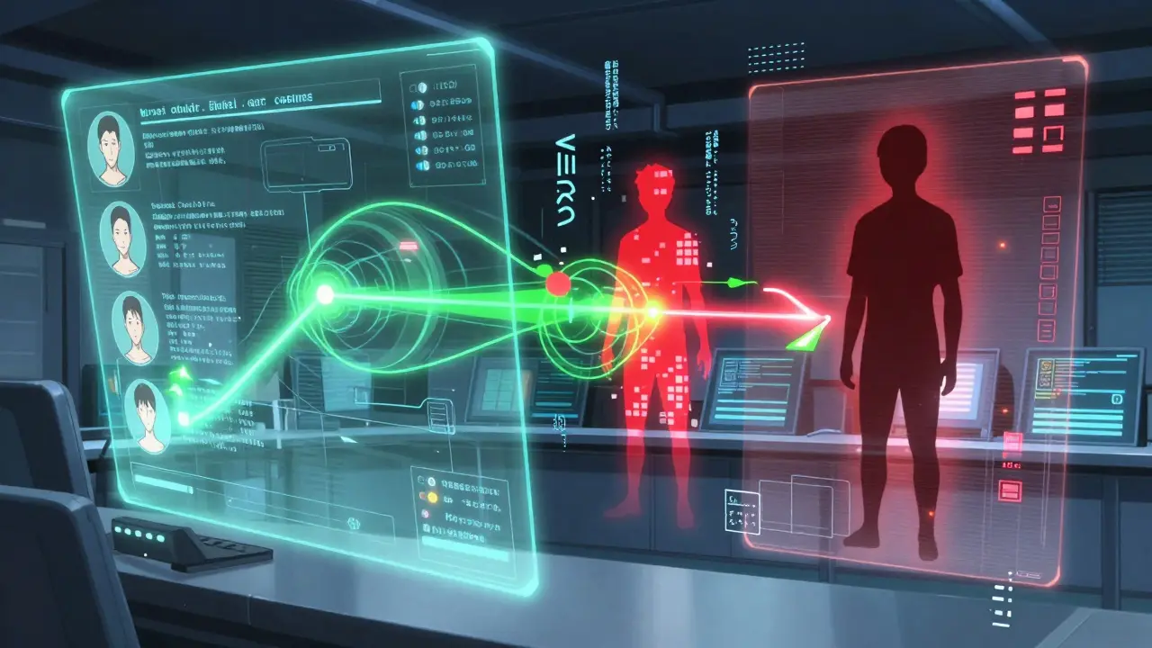 A futuristic AI system displays holographic patient data and drug interactions, auto-adjusting formulary recommendations in real time.