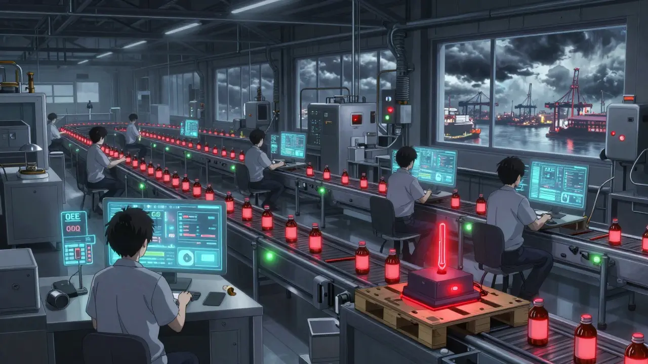A high-tech generic drug factory with glowing dashboards and a warning IoT sensor on a shipping pallet.