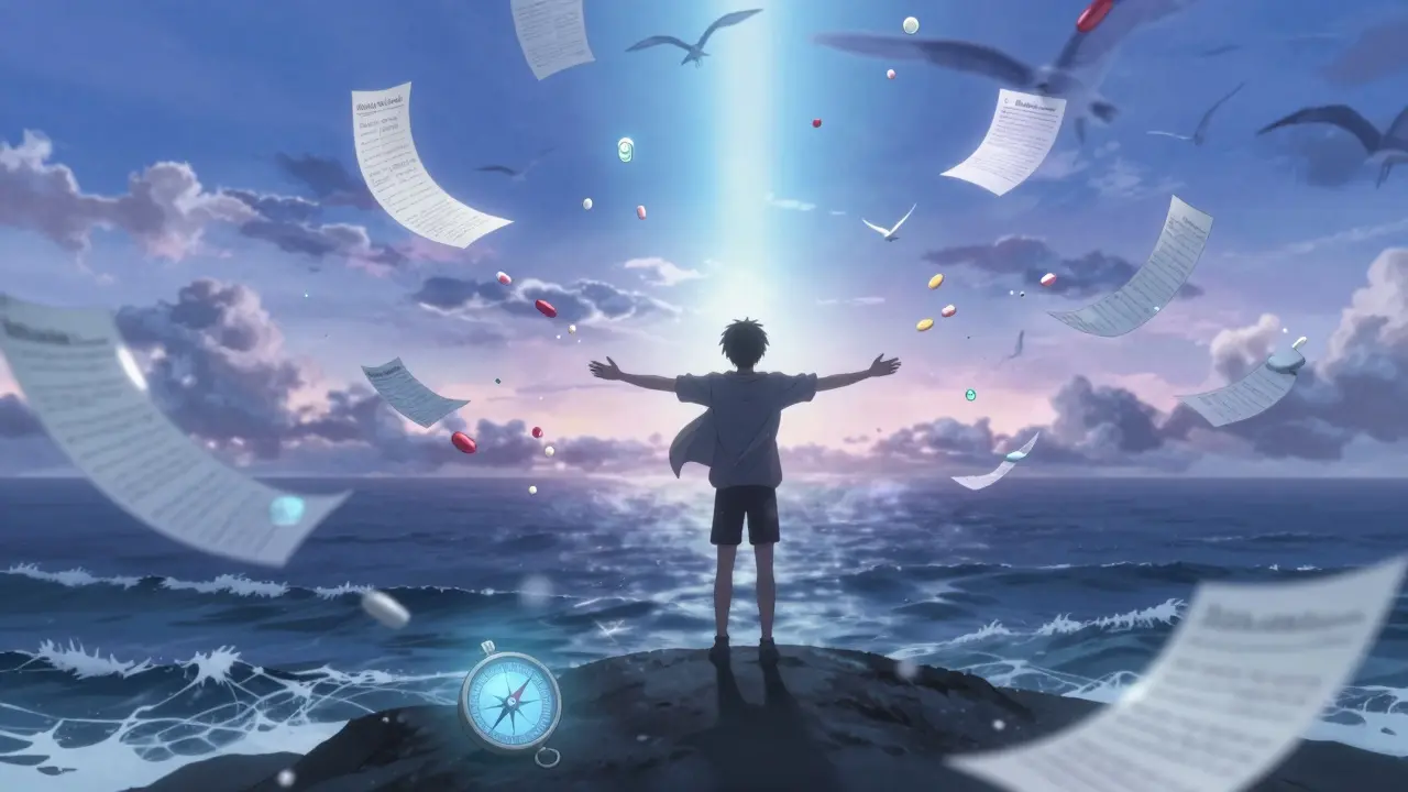 A person at the ocean’s edge as medication and therapy fragments turn into birds, with a sunbeam breaking through stormy skies.