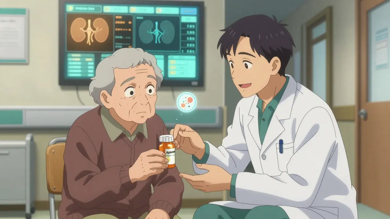 A pharmacist gently explains a medication change to an elderly patient in a nursing home, with safety analytics visible on a monitor.
