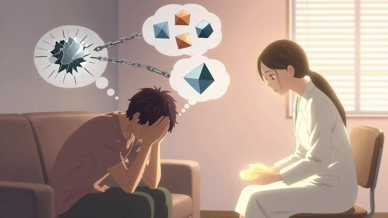 A therapist and client in a session, with negative thoughts transforming into balanced shapes as warm light fills the room.