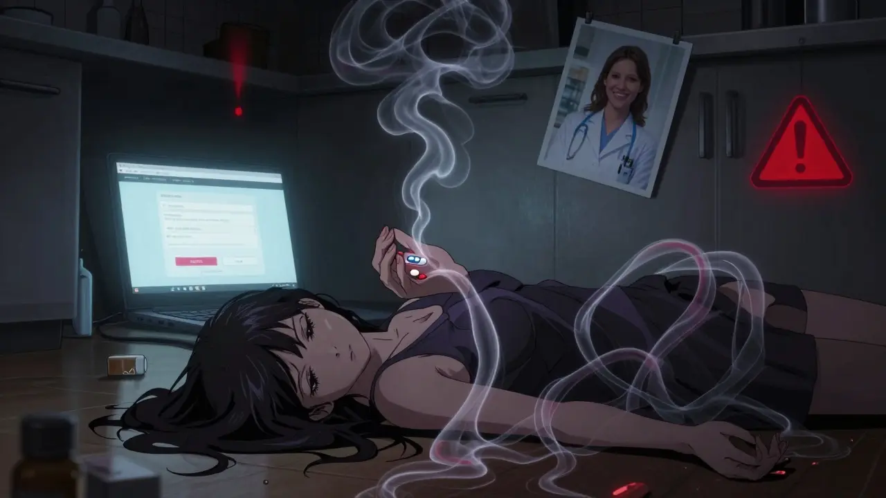 A woman collapses on the floor as ghostly fentanyl smoke rises from a fake oxycodone pill.