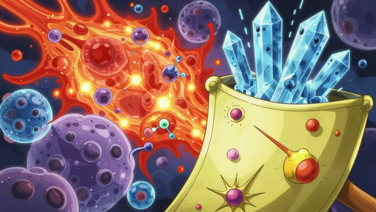 Abstract cells showing blue particles cooling red inflammation zones.