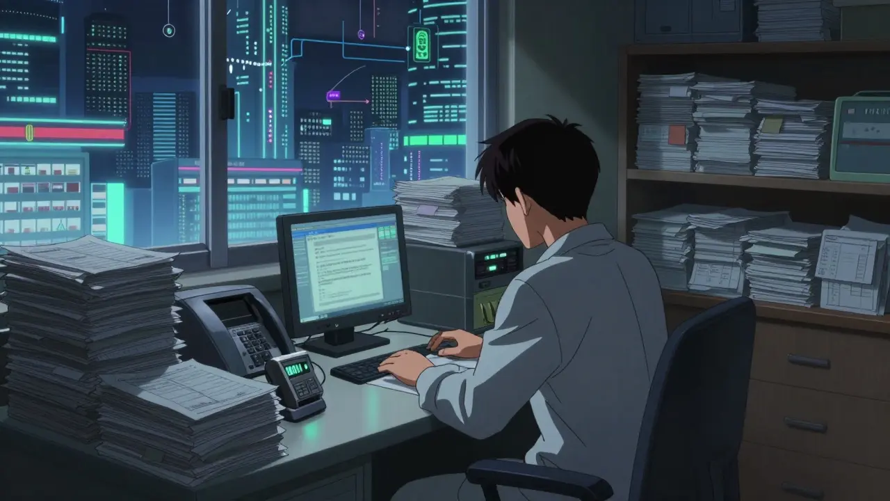 An independent pharmacist surrounded by paper documents while futuristic supply chain technology glows outside the window.