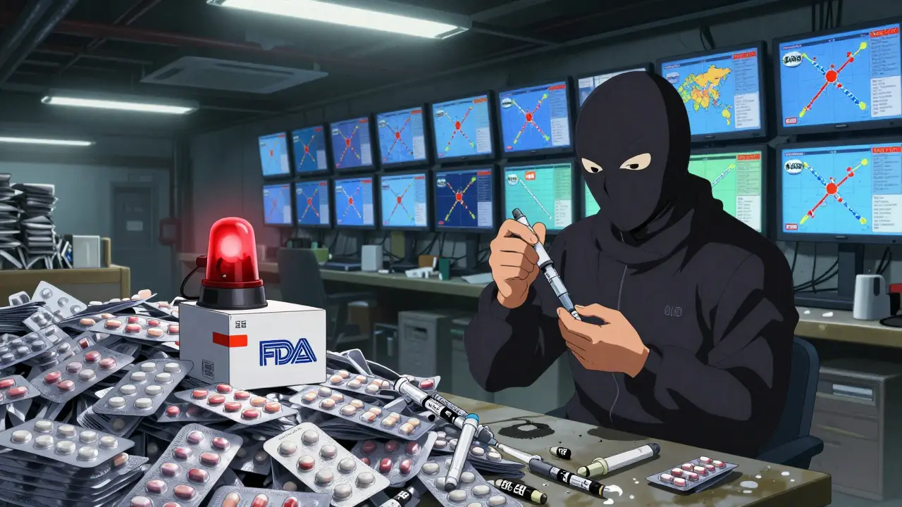 An underground lab assembles fake insulin pens amid thousands of identical counterfeit pill packs.