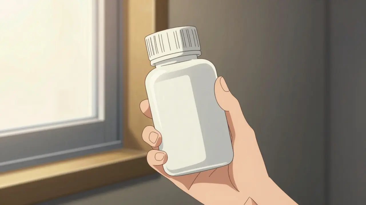 Calm anime character holding medicine in morning sunlight.