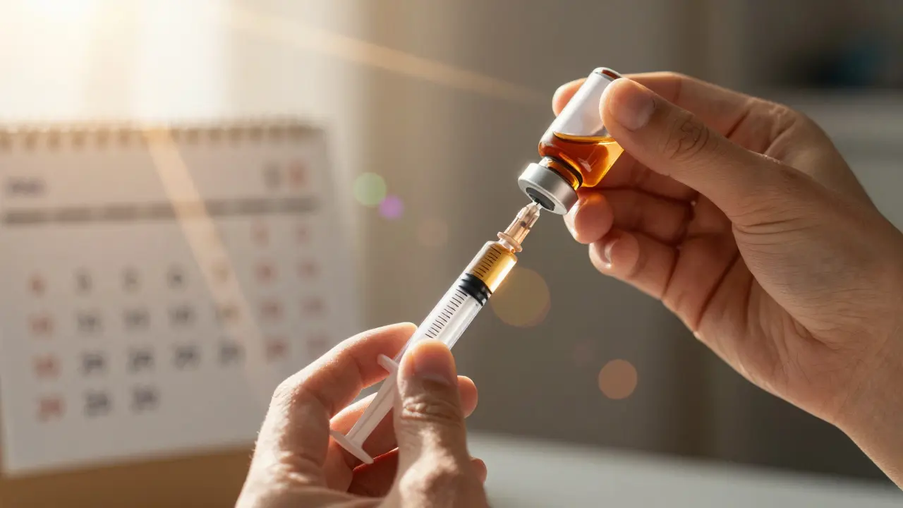 Close-up of hands measuring liquid medicine with oral syringe carefully.