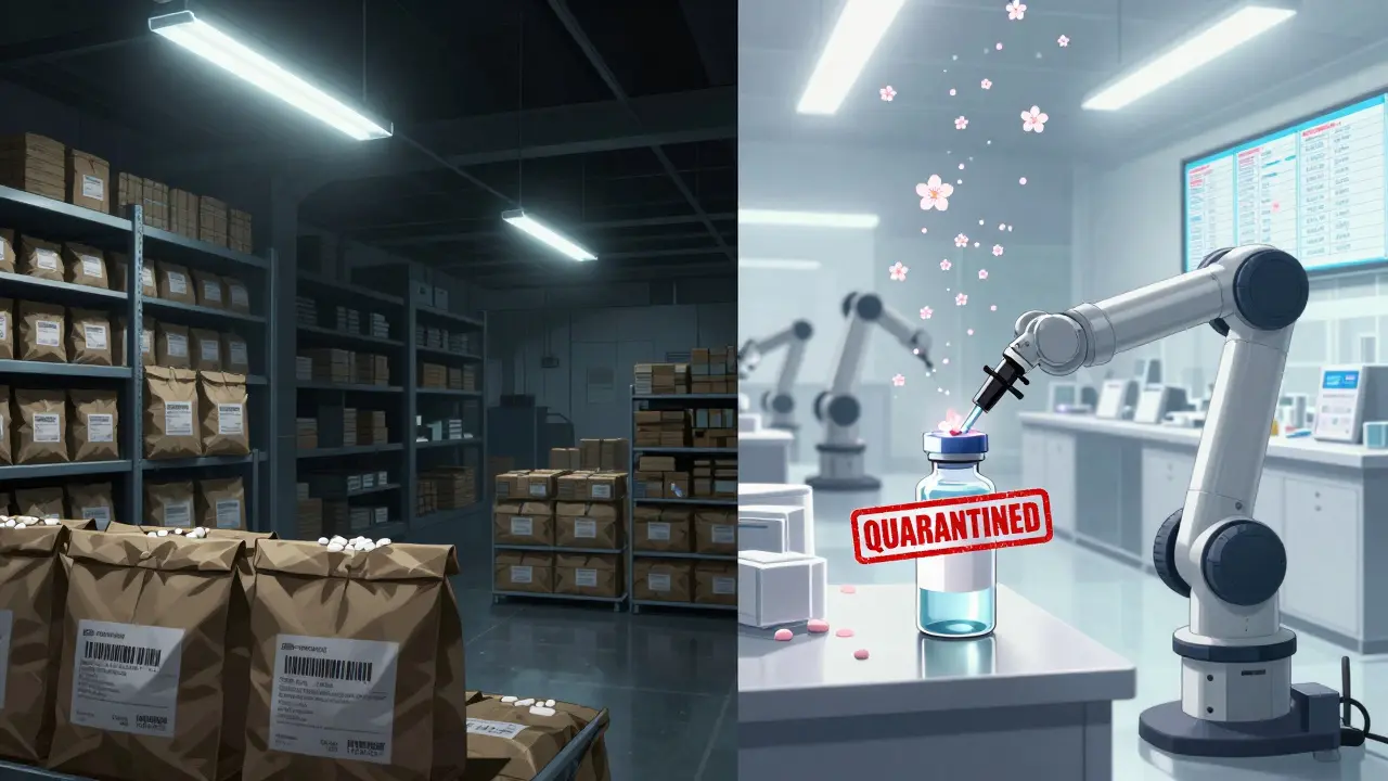 Contrasting scenes of counterfeit drug smuggling versus a secure, digitally monitored pharmaceutical distribution center.